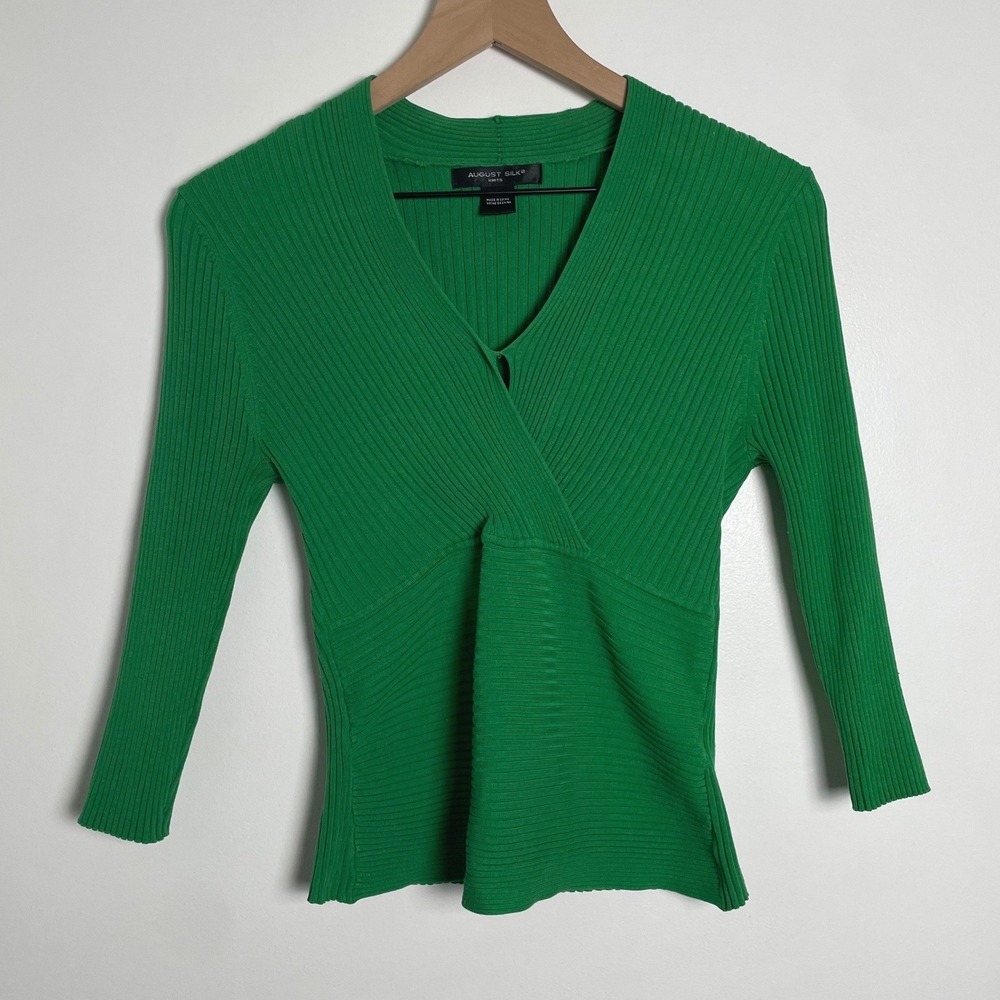 August Silk Babydoll Top Womens M Green Ribbed Surplice V Neck Silk Blend Y2K